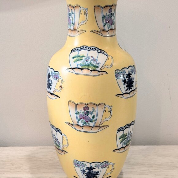 Vintage Large 12.5” HAND PAINTED Teacup Yellow VASE ORIENTAL ACCENTS Chinoiserie - Picture 3 of 11